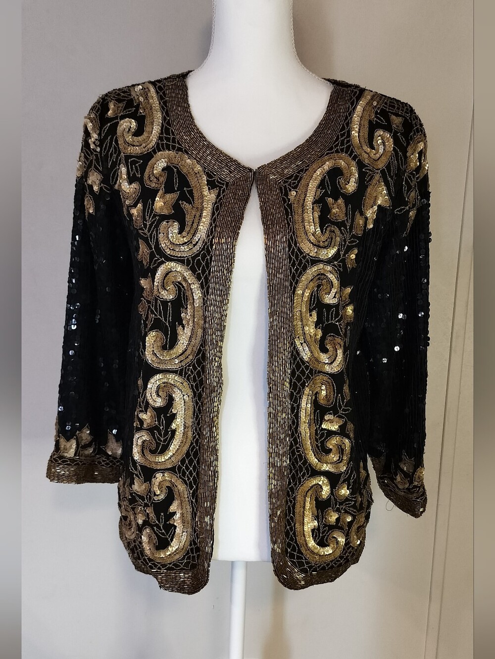 Black & Gold Sequin Embellished Open-Front Jacket